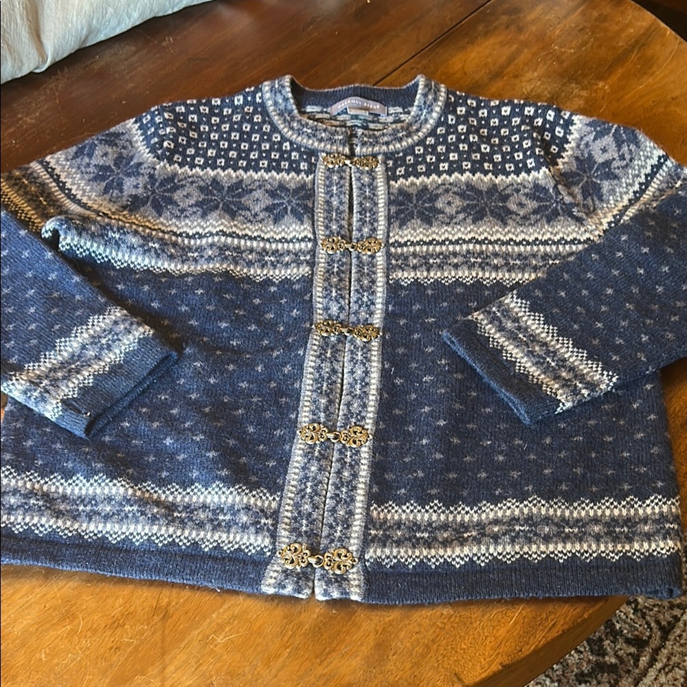 Blue and White Cardigan with Nordic Patterns